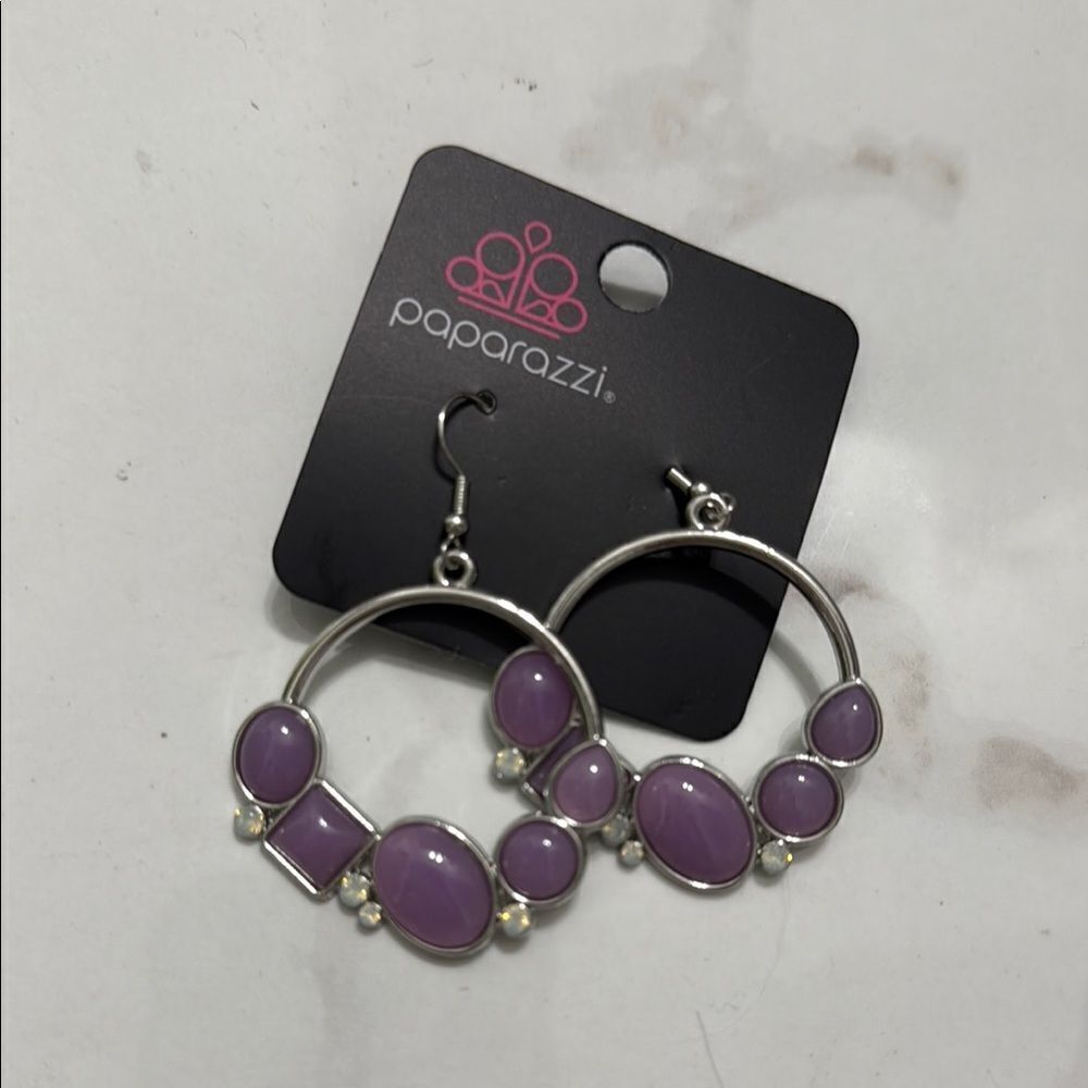 NEW Purple Stone and Silver Hoop Earrings - Brand New w Backings - Hoops